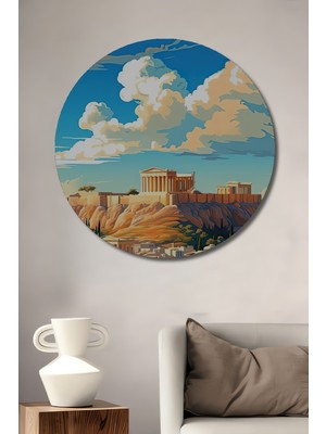 Teona Ahşap Atina Akropolis Antik Yunan Ahşap Mdf Dekoratif Işyeri Duvar Tablo Yuvarlak Işyeri Duvar Tablo