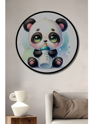 Teona Ahşap Çerçeve Görünümlü Sevimli Panda Bebek Dekoratif Ahşap Mdf Ev Duvar Tablo Yuvarlak Ev Duvar Tablo