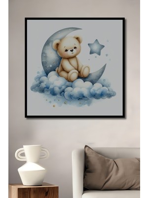 Teona Ahşap Çerçeve Görünümlü Ayıcık Ay Işığında Dekoratif Ahşap Mdf Ev Duvar Tablo Dikdörtgen Ev Duvar Tablo