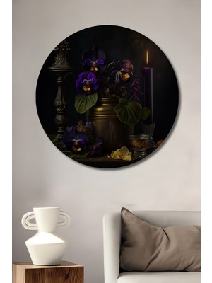 Teona Ahşap Mor Orkide ve Mum Ahşap Mdf Dekoratif Ev/işyeri Duvar Tablo Yuvarlak Ev/işyeri Duvar Tablo