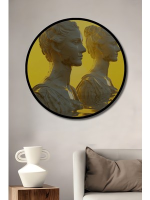 Teona Ahşap Çerçeve Görünümlü Ikiz Heykeller Ahşap Mdf Dekoratif Ev Duvar Tablo Yuvarlak Ev Duvar Tablo