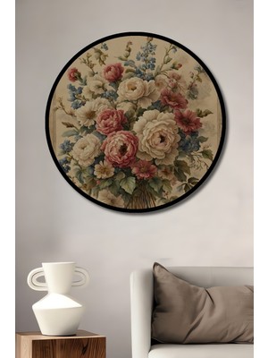 Teona Ahşap Çerçeve Görünümlü Vintage Çiçek Buketi Ahşap Mdf Dekoratif Ev Duvar Tablo Yuvarlak Ev Duvar Tablo