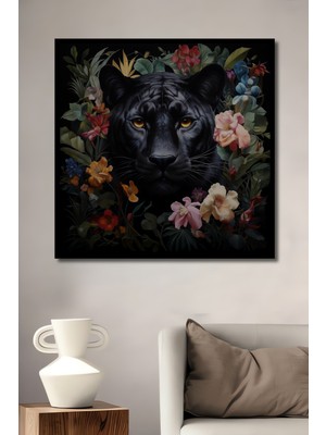 Teona Ahşap Çerçeve Görünümlü Siyah Panter Çiçekler Arasında Dekoratif Ahşap Mdf Tablo Dikdörtgen Tablo