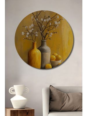 Teona Ahşap Sarı Vazoda Limonlar Dekoratif Ahşap Mdf Ev/işyeri Duvar Tablo Yuvarlak Ev/işyeri Duvar Tablo
