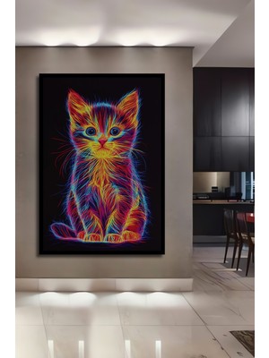 Teona Ahşap Çerçeve Görünümlü Neon Kedi Dekoratif Ahşap Mdf Işyeri Duvar Tablo Dikdörtgen Işyeri Duvar Tablo