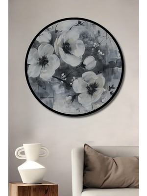 Teona Ahşap Çerçeve Görünümlü Beyaz Çiçekler Dekoratif Ahşap Mdf Ev Duvar Tablo Yuvarlak Ev Duvar Tablo