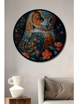 Teona Ahşap Çerçeve Görünümlü Baykuş Çiçekli Dekoratif Ahşap Mdf Ev Duvar Tablo Yuvarlak Ev Duvar Tablo