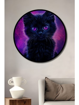 Teona Ahşap Çerçeve Görünümlü Mor Gözlü Uzay Kedisi Dekoratif Ahşap Mdf Ev Duvar Tablo Yuvarlak Ev Duvar Tablo