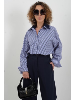 Zelish My Sister Lacivert Çift Yaka Taşlı Pötikare Gömlek