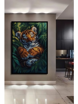 Teona Ahşap Çerçeve Görünümlü Kaplan Yavrusu Ahşap Mdf Dekoratif Ev Duvar Tablo Dikdörtgen Ev Duvar Tablo