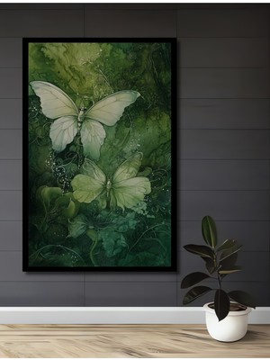 Teona Ahşap Çerçeve Görünümlü Yeşil Kelebekler Dekoratif Ahşap Mdf Ev Duvar Tablo Dikdörtgen Ev Duvar Tablo
