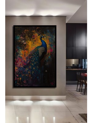 Teona Ahşap Çerçeve Görünümlü Görkemli Tavus Kuşu Dekoratif Ahşap Mdf Ev Duvar Tablo Dikdörtgen Ev Duvar Tablo