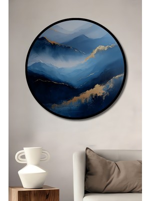 Teona Ahşap Çerçeve Görünümlü Mavi Dağlar Dekoratif Ahşap Mdf Işyeri Duvar Tablo Yuvarlak Işyeri Duvar Tablo