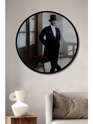 Teona Ahşap Çerçeve Görünümlü Atatürk Şapkalı Şık Ahşap Mdf Dekoratif Ev Duvar Tablo Yuvarlak Ev Duvar Tablo