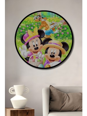 Teona Ahşap Çerçeve Görünümlü Mickey Mouse ve Minnie Mouse Bahar Bahçesi Ahşap Mdf Tablo Yuvarlak Tablo