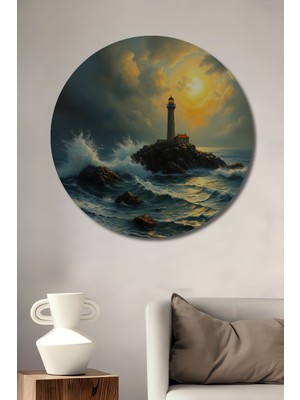 Teona Ahşap Fırtınalı Deniz Feneri Dekoratif Ahşap Mdf Ev/işyeri Duvar Tablo Yuvarlak Ev/işyeri Duvar Tablo