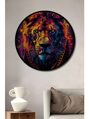 Teona Ahşap Çerçeve Görünümlü Renkli Aslan Dekoratif Ahşap Mdf Işyeri Duvar Tablo Yuvarlak Işyeri Duvar Tablo