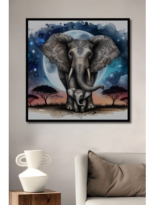 Teona Ahşap Çerçeve Görünümlü Fil ve Ay Manzaralı Dekoratif Ahşap Mdf Ev Duvar Tablo Dikdörtgen Ev Duvar Tablo