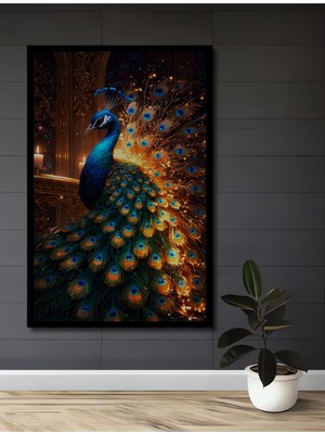 Teona Ahşap Çerçeve Görünümlü Görkemli Tavus Kuşu Ahşap Mdf Dekoratif Ev Duvar Tablo Dikdörtgen Ev Duvar Tablo