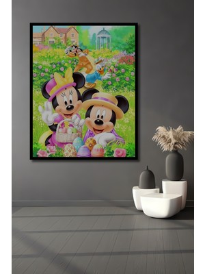 Teona Ahşap Çerçeve Görünümlü Mickey Mouse ve Minnie Mouse Bahar Bahçesi Ahşap Mdf Tablo Dikdörtgen Tablo