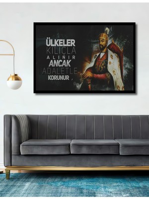 Teona Ahşap Çerçeve Görünümlü Fatih Sultan Mehmet Adalet Sözü Dekoratif Ahşap Mdf Tablo Dikdörtgen Tablo