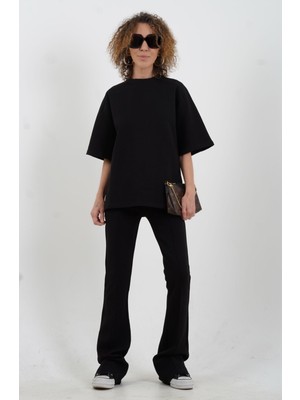Zelish My Sister Siyah Kısa Kollu Oversize Tshirt Dikiş Detaylı Pantolon Takım