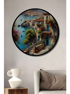 Teona Ahşap Çerçeve Görünümlü Akdeniz Rüyası Dekoratif Ahşap Mdf Ev Duvar Tablo Yuvarlak Ev Duvar Tablo
