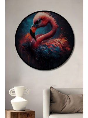 Teona Ahşap Çerçeve Görünümlü Ateşli Flamingo Ahşap Mdf Dekoratif Ev Duvar Tablo Yuvarlak Ev Duvar Tablo