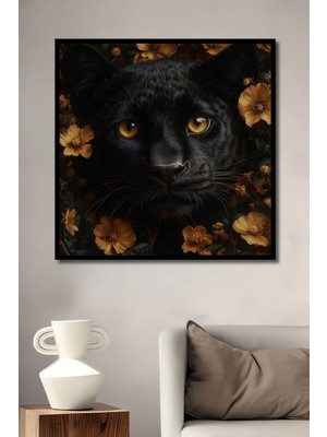 Teona Ahşap Çerçeve Görünümlü Kara Panter Çiçeklerin Arasında Ahşap Mdf Dekoratif Tablo Dikdörtgen Tablo