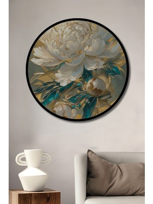 Teona Ahşap Çerçeve Görünümlü Zarif Şakayık Çiçeği Ahşap Mdf Dekoratif Ev Duvar Tablo Yuvarlak Ev Duvar Tablo
