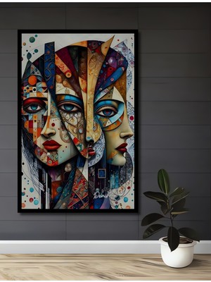 Teona Ahşap Çerçeve Görünümlü Renkli Soyut Yüzler Dekoratif Ahşap Mdf Ev Duvar Tablo Dikdörtgen Ev Duvar Tablo