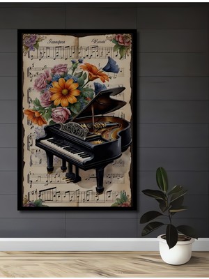 Teona Ahşap Çerçeve Görünümlü Çiçeklerle Bezenmiş Piyano Ahşap Mdf Dekoratif Tablo Dikdörtgen Tablo