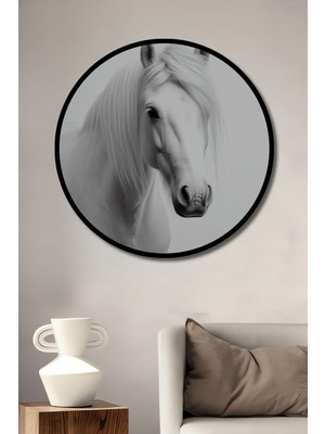 Teona Ahşap Çerçeve Görünümlü Zarif Beyaz At Ahşap Mdf Dekoratif Ev Duvar Tablo Yuvarlak Ev Duvar Tablo