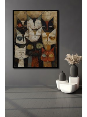 Teona Ahşap Çerçeve Görünümlü Renkli Kedi Yüzleri Dekoratif Ahşap Mdf Ev Duvar Tablo Dikdörtgen Ev Duvar Tablo
