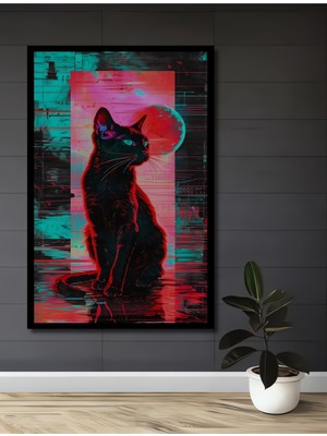 Teona Ahşap Çerçeve Görünümlü Neon Ayışığında Siyah Kedi Dekoratif Ahşap Mdf Tablo Dikdörtgen Tablo