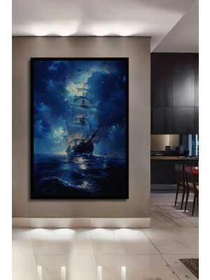 Teona Ahşap Çerçeve Görünümlü Büyülü Gece Denizinde Yelkenli Ahşap Mdf Dekoratif Tablo Dikdörtgen Tablo