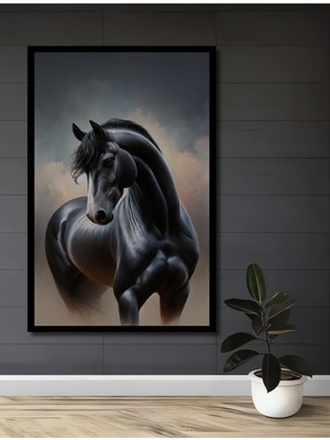 Teona Ahşap Çerçeve Görünümlü Güçlü Siyah At Dekoratif Ahşap Mdf Ev Duvar Tablo Dikdörtgen Ev Duvar Tablo