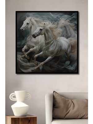 Teona Ahşap Çerçeve Görünümlü Beyaz Atların Özgür Koşusu Dekoratif Ahşap Mdf Tablo Dikdörtgen Tablo