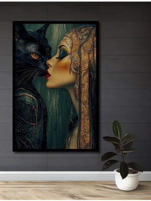 Teona Ahşap Çerçeve Görünümlü Kedi ve Kadın Ahşap Mdf Dekoratif Ev Duvar Tablo Dikdörtgen Ev Duvar Tablo