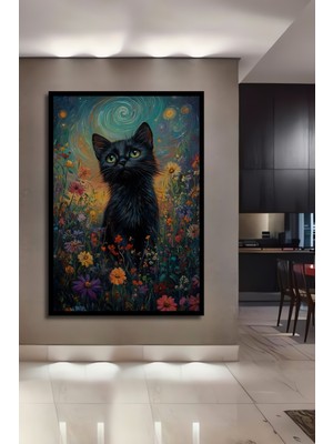 Teona Ahşap Çerçeve Görünümlü Büyülü Çiçek Bahçesinde Kara Kedi Ahşap Mdf Dekoratif Tablo Dikdörtgen Tablo