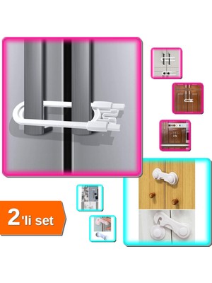 Hereveoyuncak Bebek Çocuk Dolap + Çekmece Emniyet Kilidi 2’li Set Raylı & Yapışkanlı Kilit MN34PQ