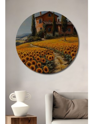 Teona Ahşap Günebakanlı Toskana Manzarası Dekoratif Ahşap Mdf Tablo Yuvarlak Tablo