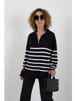 Zelish My Sister Siyah Çizgili Fermuarlı Polo Yaka Kazak