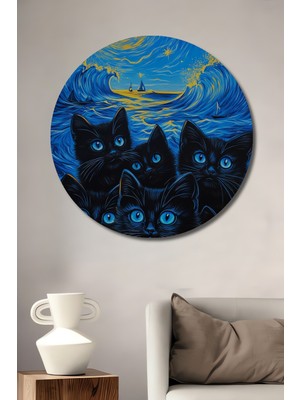 Teona Ahşap Yıldızlı Gecede Mavi Gözlü Kediler Ahşap Mdf Dekoratif Tablo Yuvarlak Tablo