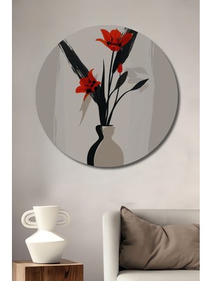 Teona Ahşap Kırmızı Çiçekler Dekoratif Ahşap Mdf Ev/işyeri Duvar Tablo Yuvarlak Ev/işyeri Duvar Tablo