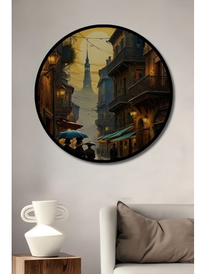 Teona Ahşap Çerçeve Görünümlü Paris Sokaklarında Romantik Akşamüstü Ahşap Mdf Dekoratif Tablo Yuvarlak Tablo