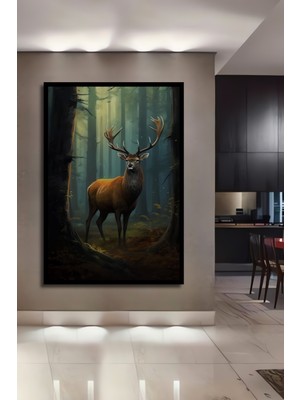 Teona Ahşap Çerçeve Görünümlü Gızemlı Ormanda Asil Geyik Dekoratif Ahşap Mdf Tablo Dikdörtgen Tablo