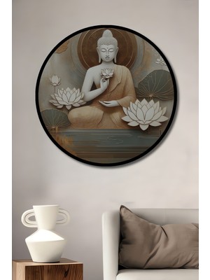 Teona Ahşap Çerçeve Görünümlü Buda Lotus Çiçeği Dekoratif Ahşap Mdf Ev Duvar Tablo Yuvarlak Ev Duvar Tablo