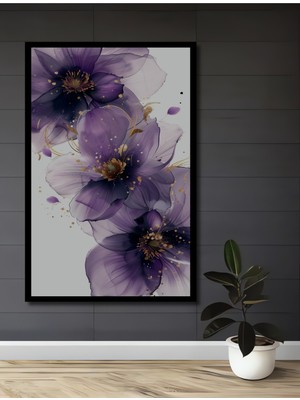 Teona Ahşap Çerçeve Görünümlü Mor Çiçekler Ahşap Mdf Dekoratif Ev Duvar Tablo Dikdörtgen Ev Duvar Tablo