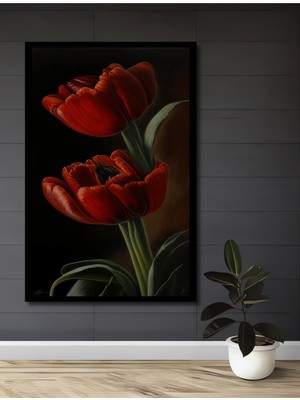 Teona Ahşap Çerçeve Görünümlü Kırmızı Laleler Dekoratif Ahşap Mdf Ev Duvar Tablo Dikdörtgen Ev Duvar Tablo